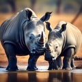 Mother and Baby Rhino Getting Ready to Drink Water from Jungle Lake - Close-Up Photograph, Hyper-Detailed Royalty Free Stock Photo