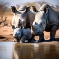 Mother and Baby Rhino Getting Ready to Drink Water from Jungle Lake - Close-Up Photograph, Hyper-Detailed Royalty Free Stock Photo