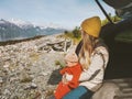 Mother with baby on road trip family travel vacation car camping woman with child Royalty Free Stock Photo