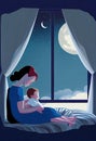 Mother and baby sitting on a bed with eyes closed, surrounded by a night sky.