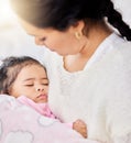 Mother, baby and sleeping with love and care or security with rest or nap in comfort and peace. A woman and girl child Royalty Free Stock Photo