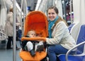Mother with baby in stroller inside metro