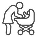 Mother and baby in stroller line icon, Mother day concept, Mom with baby carriage sign on white background, mother with Royalty Free Stock Photo