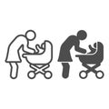 Mother and baby in stroller line and solid icon, Mother day concept, Mom with baby carriage sign on white background Royalty Free Stock Photo
