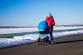 Mother with Baby Stroller Walking in Winter Park Royalty Free Stock Photo