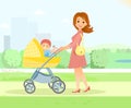 Mother with baby in stroller walks in the city park