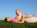 Mother with baby on sunset lie Royalty Free Stock Photo