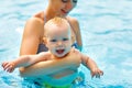 Mother and baby swim in pool Royalty Free Stock Photo
