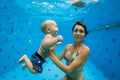 Mother with baby swimming, diving underwater in pool Royalty Free Stock Photo