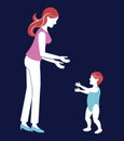 mother baby walking blue background