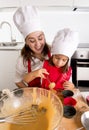 Mother baking with little daughter in apron and cook hat filling mold muffins with chocolate dough Royalty Free Stock Photo