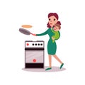 Mother baking pancakes with baby in her arms, super mom concept vector Illustration