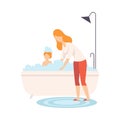 Mother Bathing her Son in Bathtub with Full of Foam, Parent and Her Son in Everyday Life at Home Vector Illustration