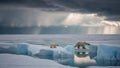 Mother bear leads her cubs braving the icy chaos, AI generated Royalty Free Stock Photo