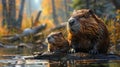 Mother beaver and baby beaver sit on log in water