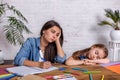 Mother becoming frustrated with daughter whilst doing homework sitting at the table at home in learning difficulties Royalty Free Stock Photo