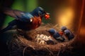 a mother bird feeding her young chicks in the nest Royalty Free Stock Photo