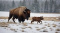 American Bison (Bison bison) with Calf Walking in the Snowy Winter Landscape Royalty Free Stock Photo