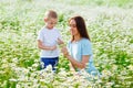 A mother in a blue dress is having fun with her blond son in a blooming field of daisies. Enjoy the aroma of a bouquet of daisies Royalty Free Stock Photo