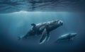 Mother blue whale and her baby in the ocean, generative AI