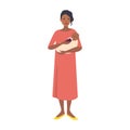 Mother bottle feeding baby. Young woman wearing long pink dress holding infant or newborn child. Cute flat female