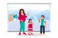 Mother, boy and girl drink water. Pregnant woman holds drinking glass. Vector flat cartoon characters illustration