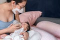 Mother breastfeed baby from bottle of milk, Wear a mask to prevent infection, Breast milk newborn food concept