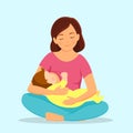 Mother breastfeeding baby on blue background