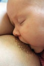 Mother breastfeeding baby. Little kid`s face close up Royalty Free Stock Photo