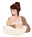 Mother breastfeeding her newborn baby child holding little girl in caring hands using nursing pillow.