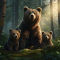 A mother brown bear and her two cubs are resting in the forest