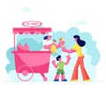 Mother Buying Ice Cream Cone with Colored Balls Dessert to Little Son Holding Air Balloon in Hand in Stall on Street or Park