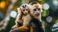 A mother capuchin monkey carries her baby on her back, both looking directly at the camera Royalty Free Stock Photo