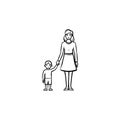 A mother caring about a child hand drawn outline doodle icon.