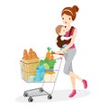 Mother Carries Baby And Pushing Shopping Cart