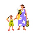 Mother carrying grocery mesh bag after shopping, kid eating ice-cream. Woman mom and happy child walk from food store