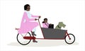 Mother carrying her child and dog on a cargo bike bakfiets. African American lady riding bicycle with from passenger sit