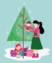 Mother carrying little boy and daughter with tree gifts merry christmas, happy new year