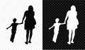 Mother in casual clothes walks holding a little boy by the hand white and black vector silhouette on transparent background Royalty Free Stock Photo