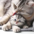 mother cat washes little kitten on white background copy space. ai generative