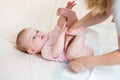 Mother changes the diaper of baby daughter Royalty Free Stock Photo
