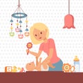 Mother changing baby diaper, vector illustration. Young woman playing with her newborn child in nursery. Happy smiling Royalty Free Stock Photo