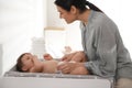 Mother changing baby`s diaper on table