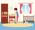 Mother changing diaper in baby room.