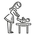 Mother changing diaper baby on table in toilet room, woman with child, newborn hygiene body care, motherhood line icon. Vector