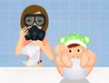 Mother changing her baby diaper with gas mask