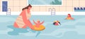 Mother Character Gently Guides Baby Through The Water, Teaching To Float And Kick. Joyful Bonding In A Pool