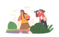 Mother Character Spying For Daughter Through Binoculars While She Walking To School. Parental Supervision, Illustration Royalty Free Stock Photo