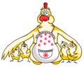 Mother Chicken protects her chickens. Funny cartoon image for Mother`s Day.