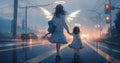 Mother and child angels walking away from a car accident towards the light from heaven - Generative AI Royalty Free Stock Photo